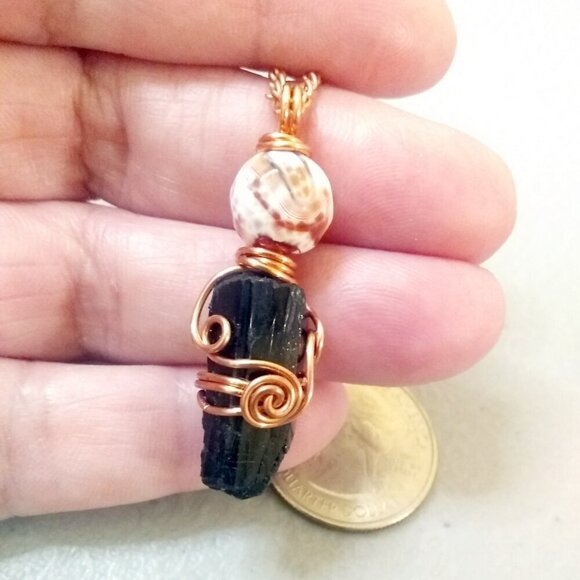 Mixed Gemstone Beads Pendant & Copper Chain: Black Tourmaline + Fire Agate - Picture 2 of 7